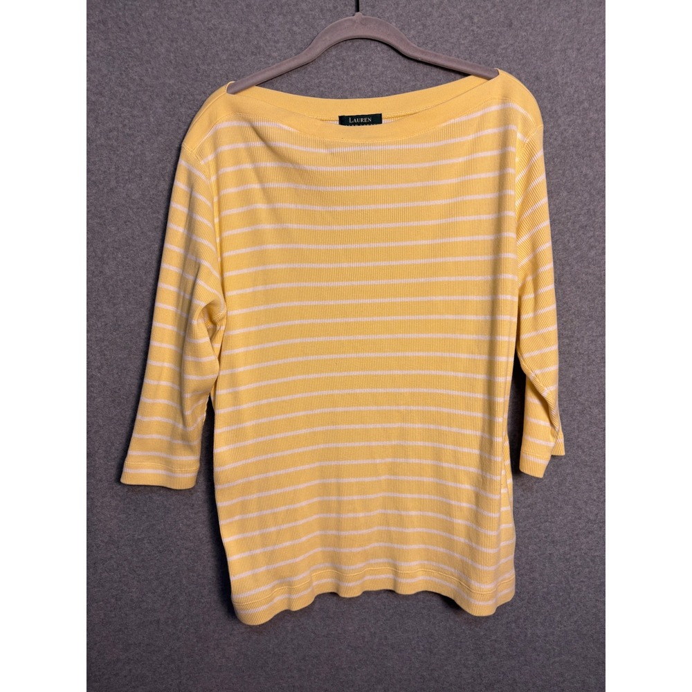 Lauren Ralph Lauren Yellow White Stripe Rib Knit Boat Neck Top Womens 2X